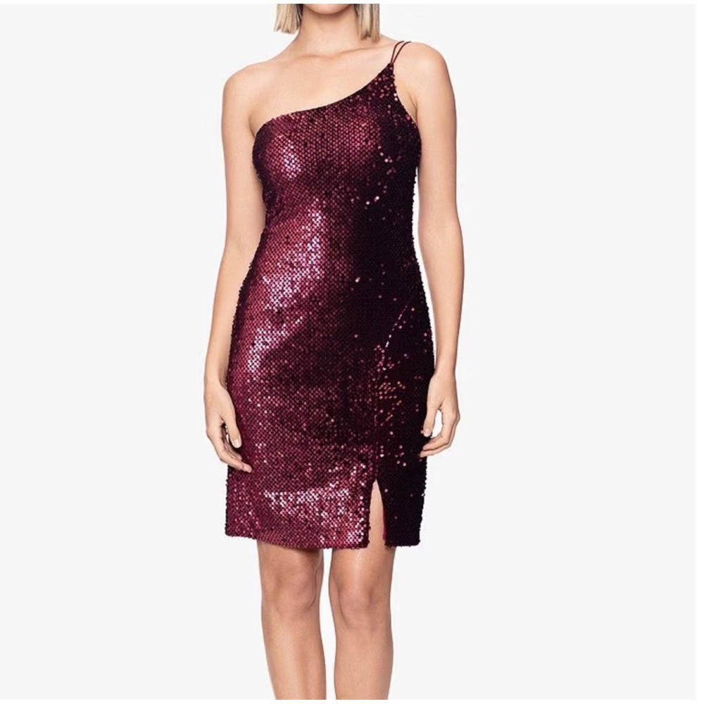 Betsy & Adam Burgundy Sequin One Shoulder Cocktail Dress A25886 Size 6 NWT